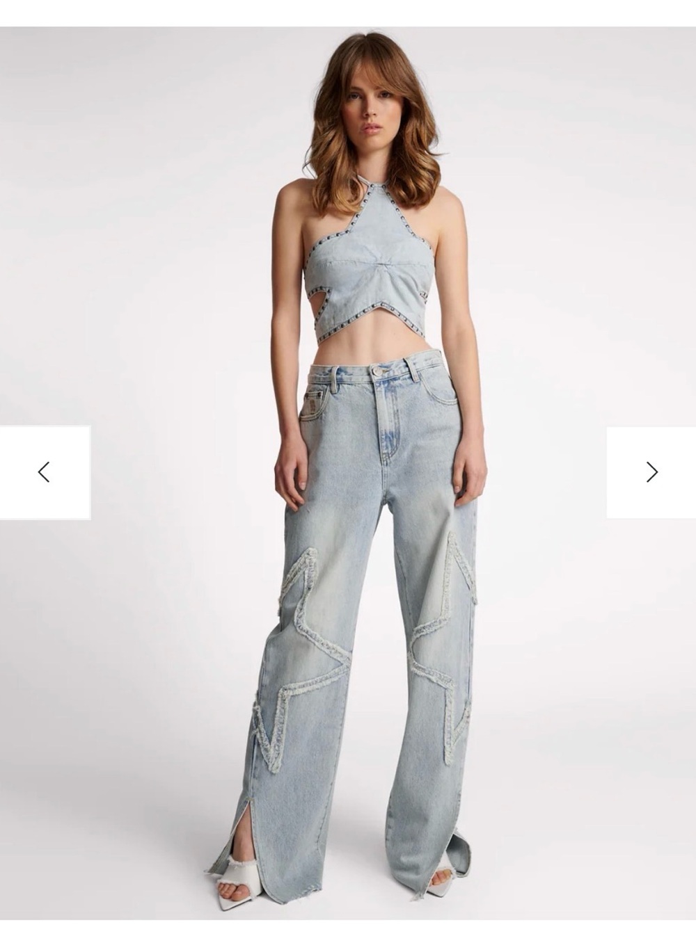 One Teaspoon Light Wash Star-Trim Wide Leg Jeans with slit up the sides. Women's